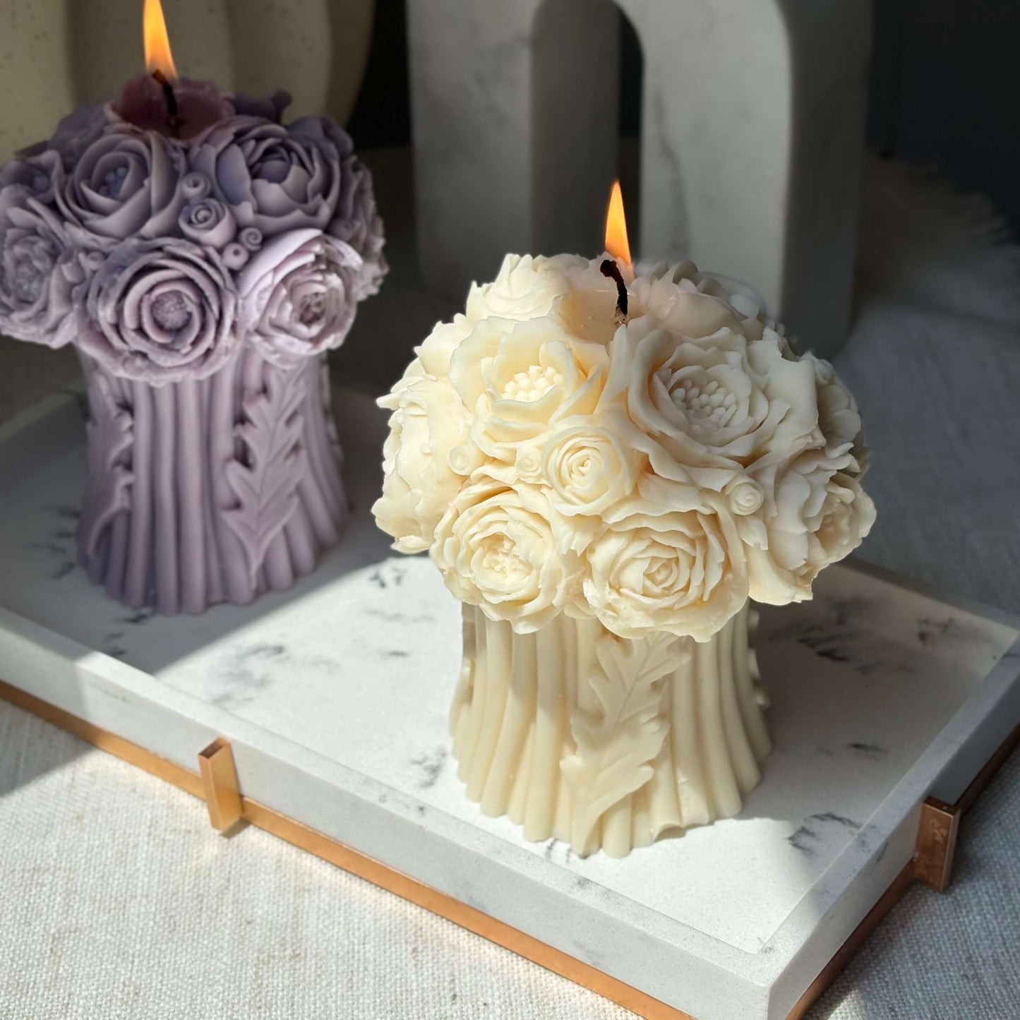 Two lit peony bouquet candles in lavender and ivory, handmade soy wax, romantic wedding centerpiece, floral sculpture for home decor.
IMG_8400