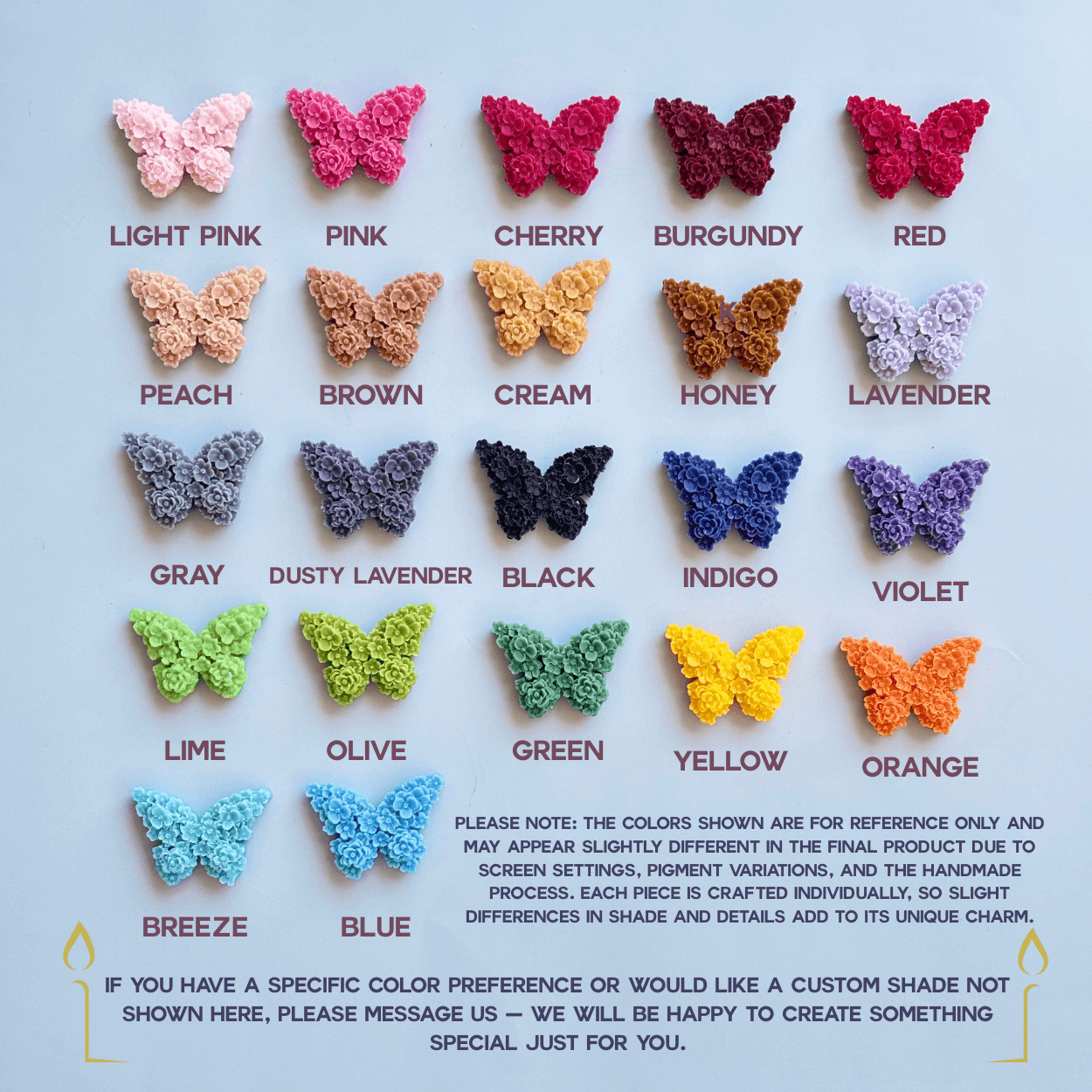 Crochet butterfly color chart showing 22 yarn colors on a light blue background, ideal for selecting candle accessory shades. Includes colors: Light Pink, Pink, Cherry, Burgundy, Red, Peach, Brown, Cream, Honey, Lavender, Gray, Dusty Lavender, Black, Indigo, Violet, Lime, Olive, Green, Yellow, Orange, Breeze, Blue.