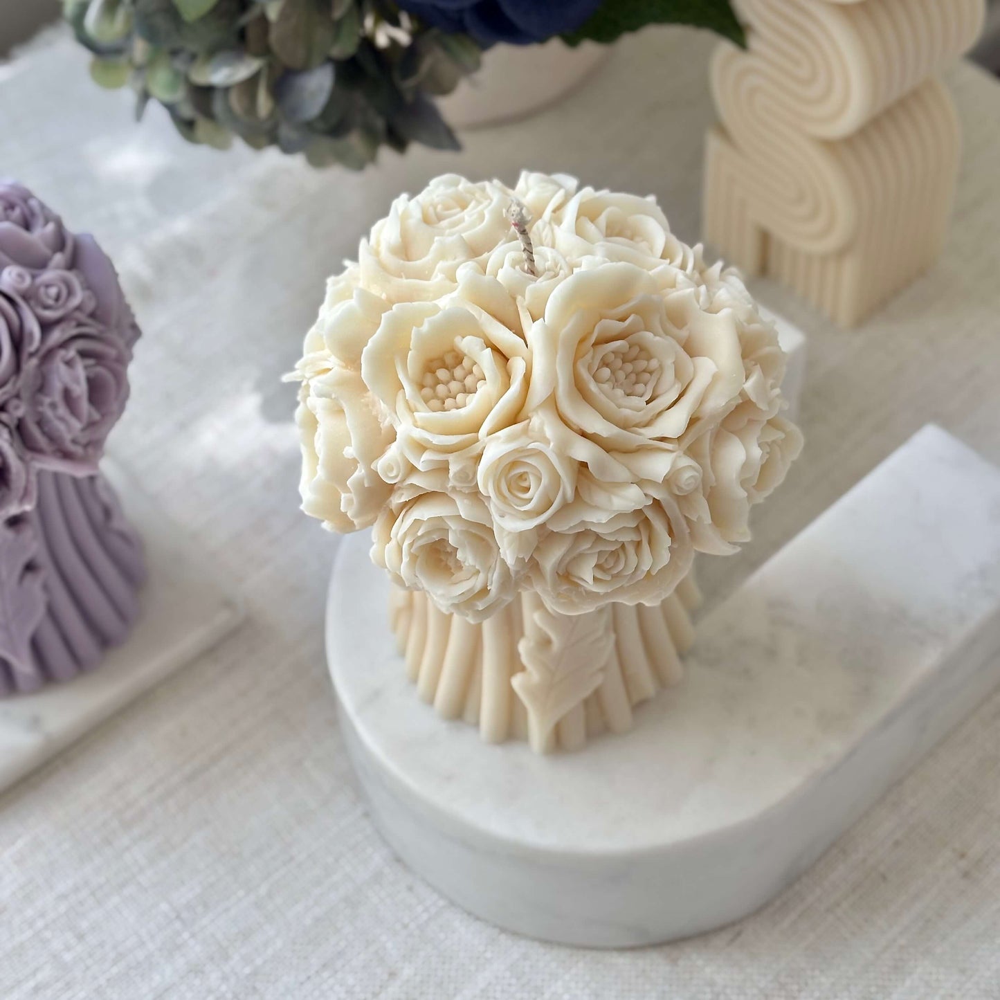 Ivory peony bouquet candle on marble base, handmade from natural soy wax, luxury floral wedding table decor, romantic sculptural candle.