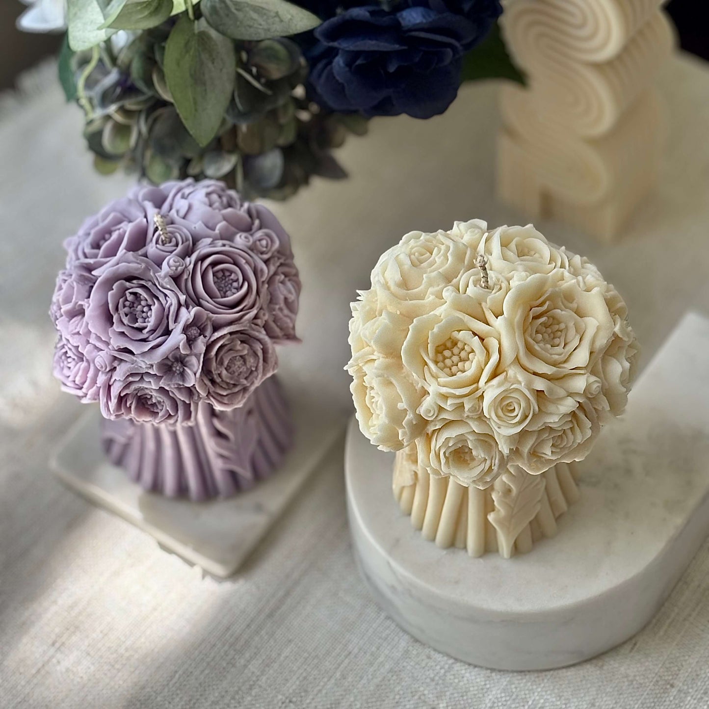 Lavender and ivory handmade peony bouquet candles, soy wax floral sculptures, wedding centerpiece, luxury home decoration.
IMG_8407