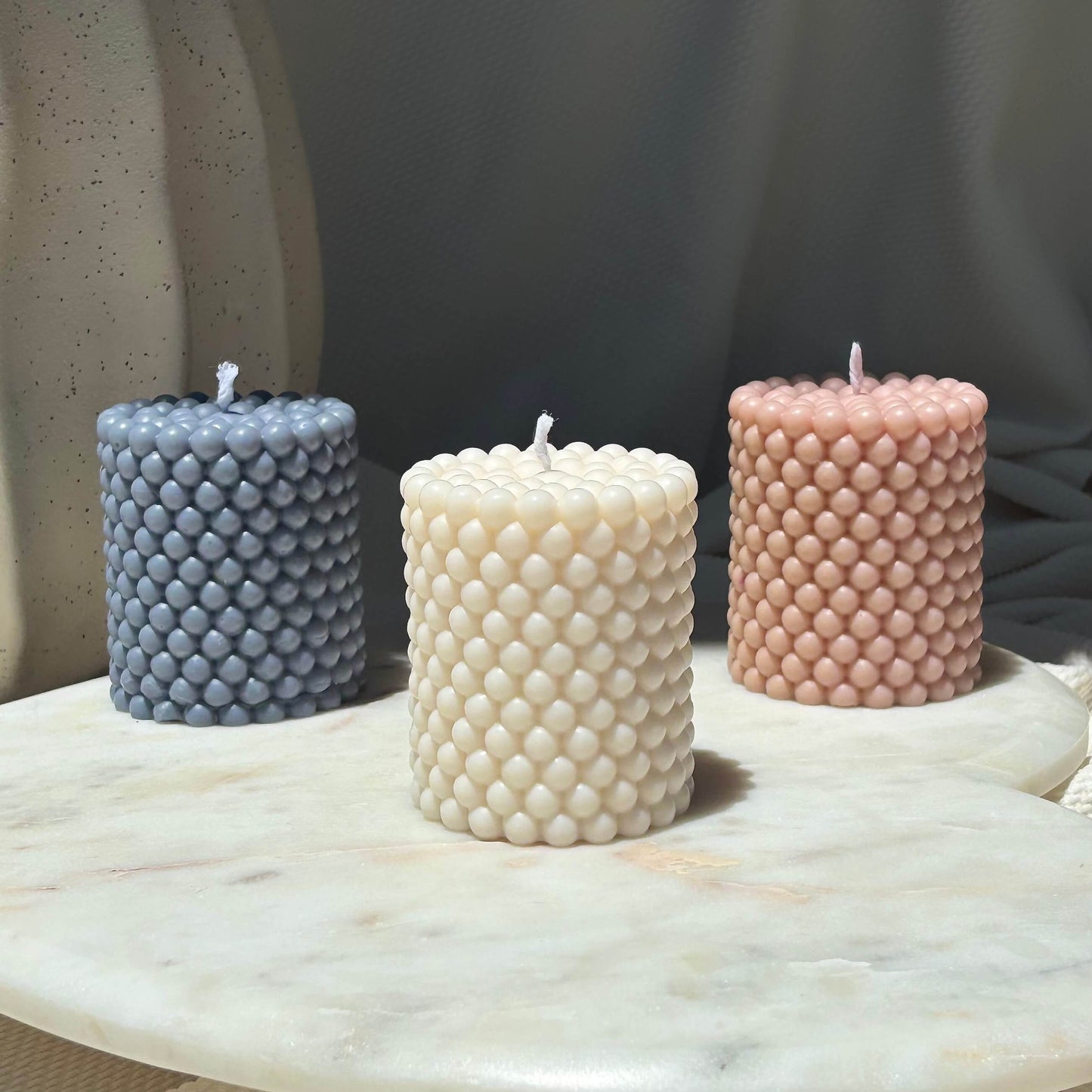 Aesthetic soy wax pillar candles in three warm tones — perfect handmade gift for her, home spa or modern shelf.
