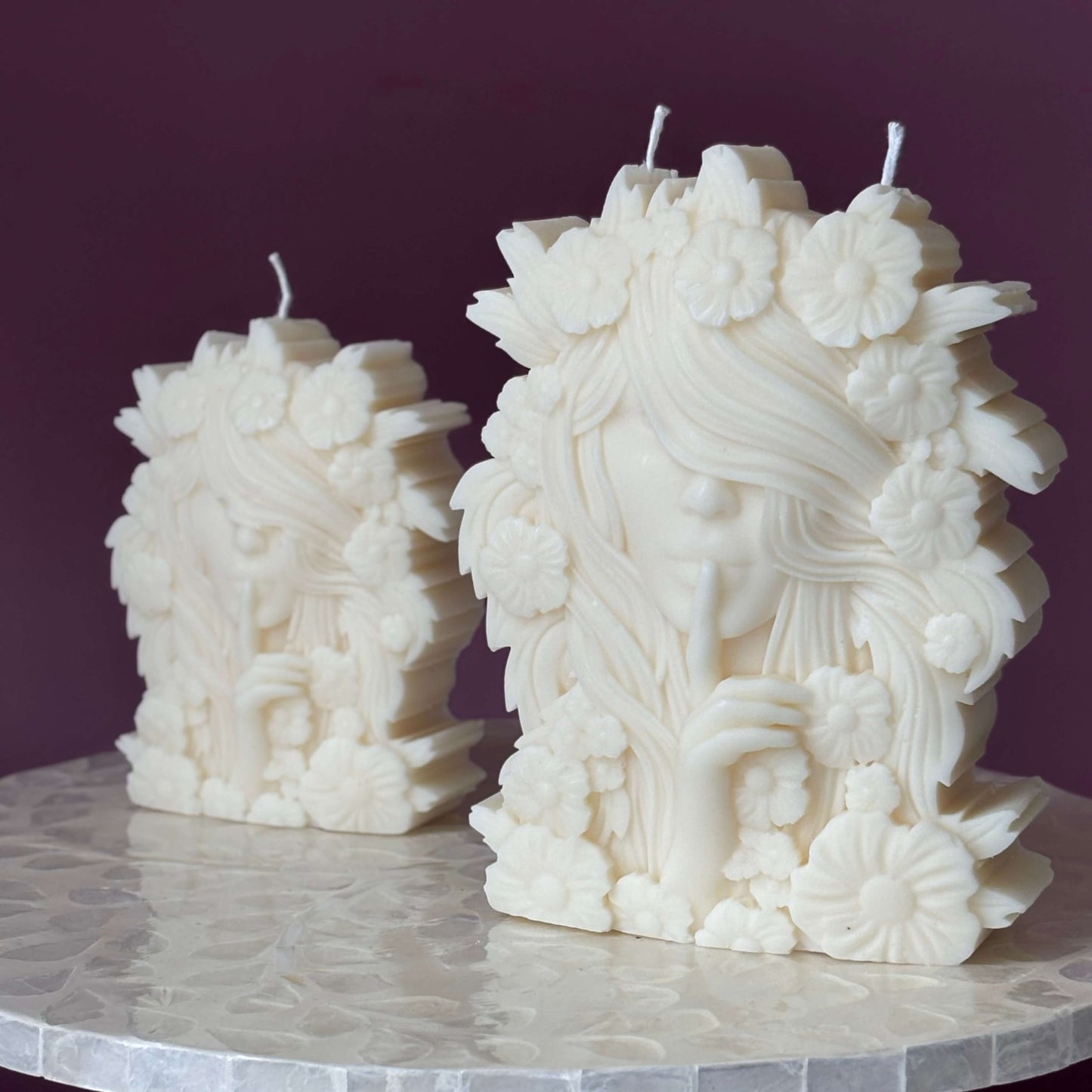 Artisan sculpted candles shaped like floral goddess – handmade in California