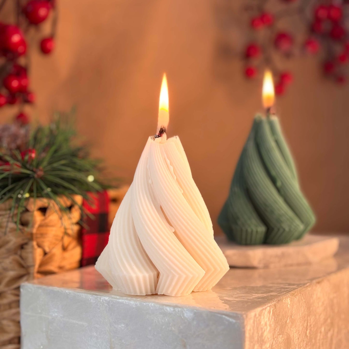 Set of two burning spiral candles in green and ivory, holiday table accent for Christmas or Secret Santa gift