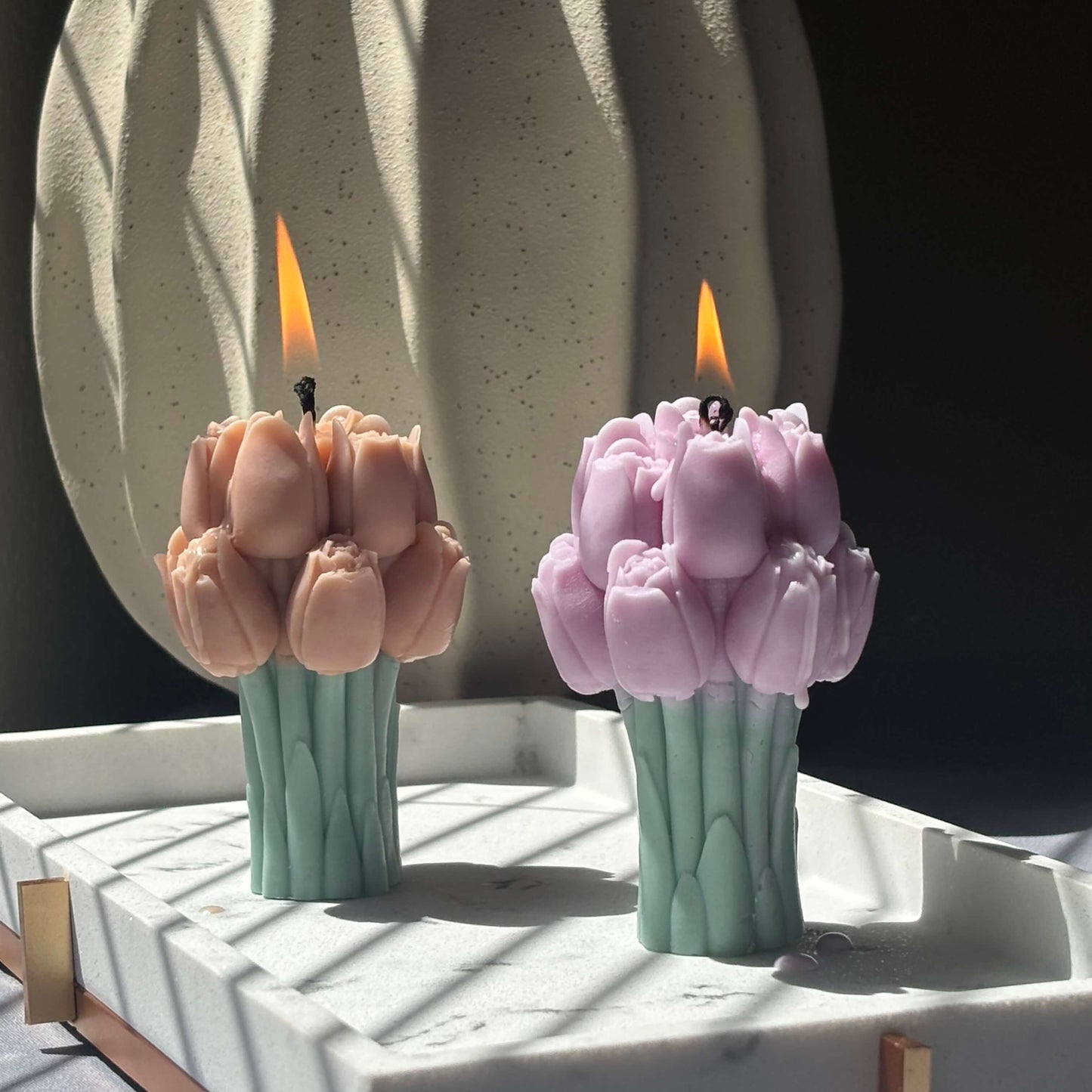 Pink tulip bouquet candle with realistic petal texture, artisan soy wax sculpture