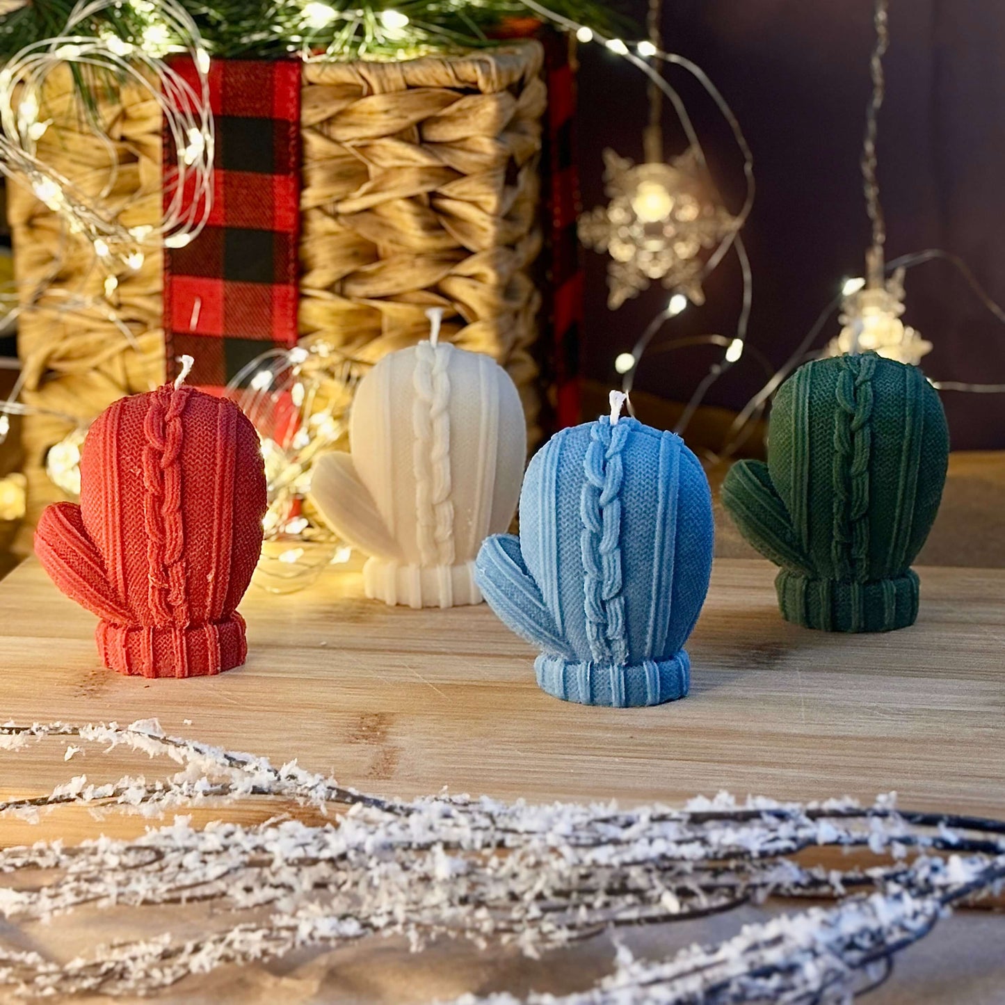 Colorful mitten candle set for Christmas decor or stocking stuffer gift for her