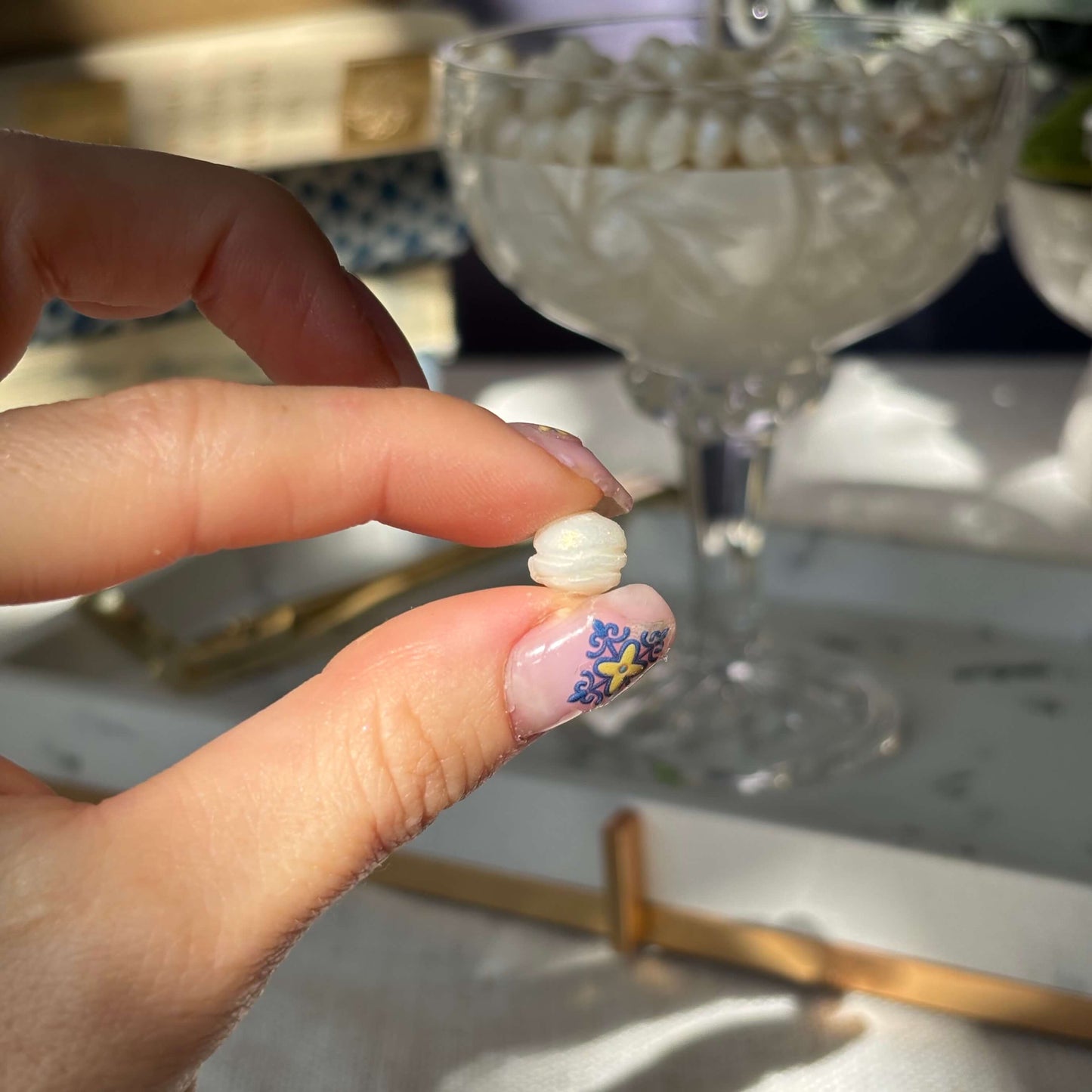 Close-up of handmade pearl accent for luxury candle — perfect bridal shower gift, wedding favor, or unique home décor element