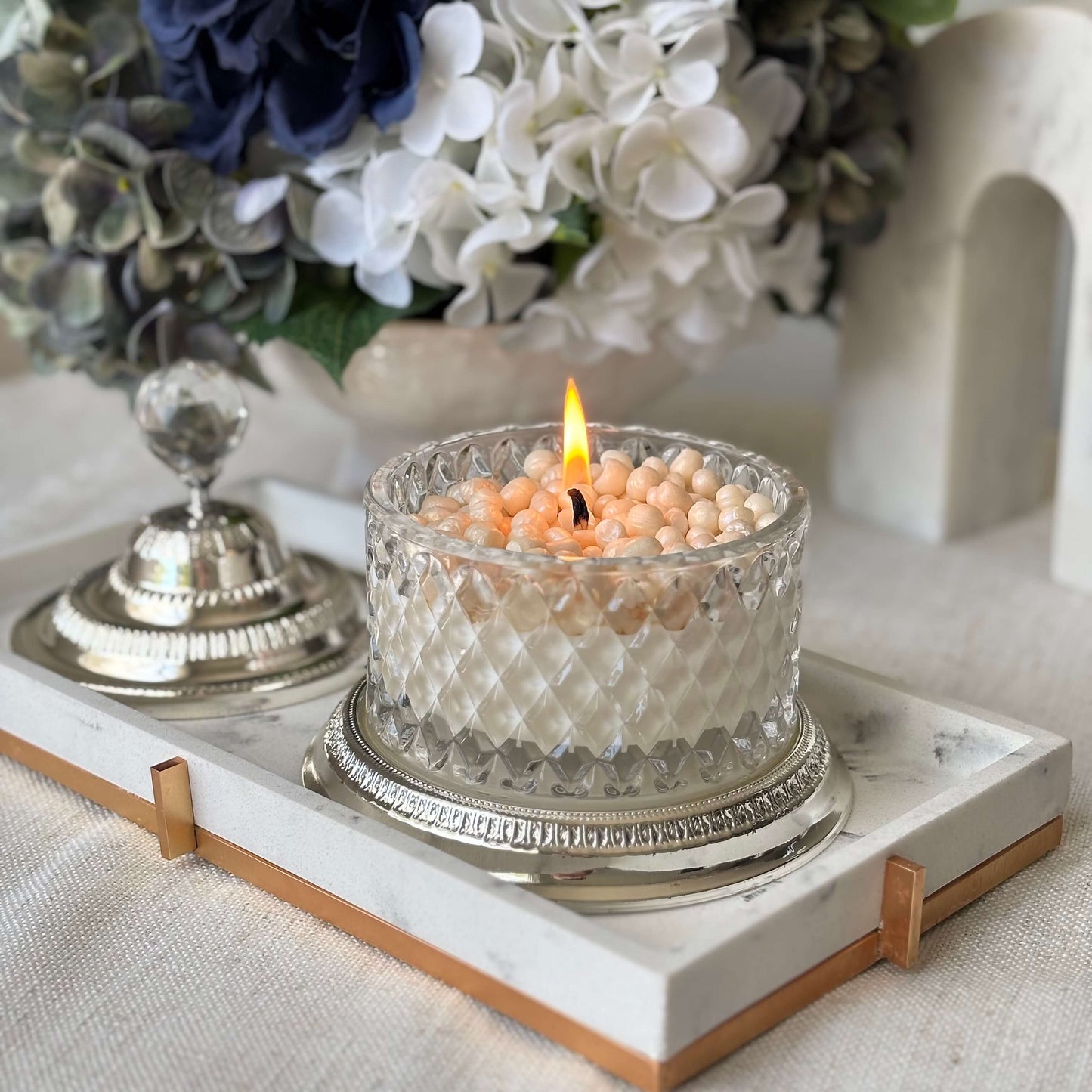 Handmade soy candle with decorative pearls in a crystal holder — luxury wedding gift for mom or sister, stylish interior accent