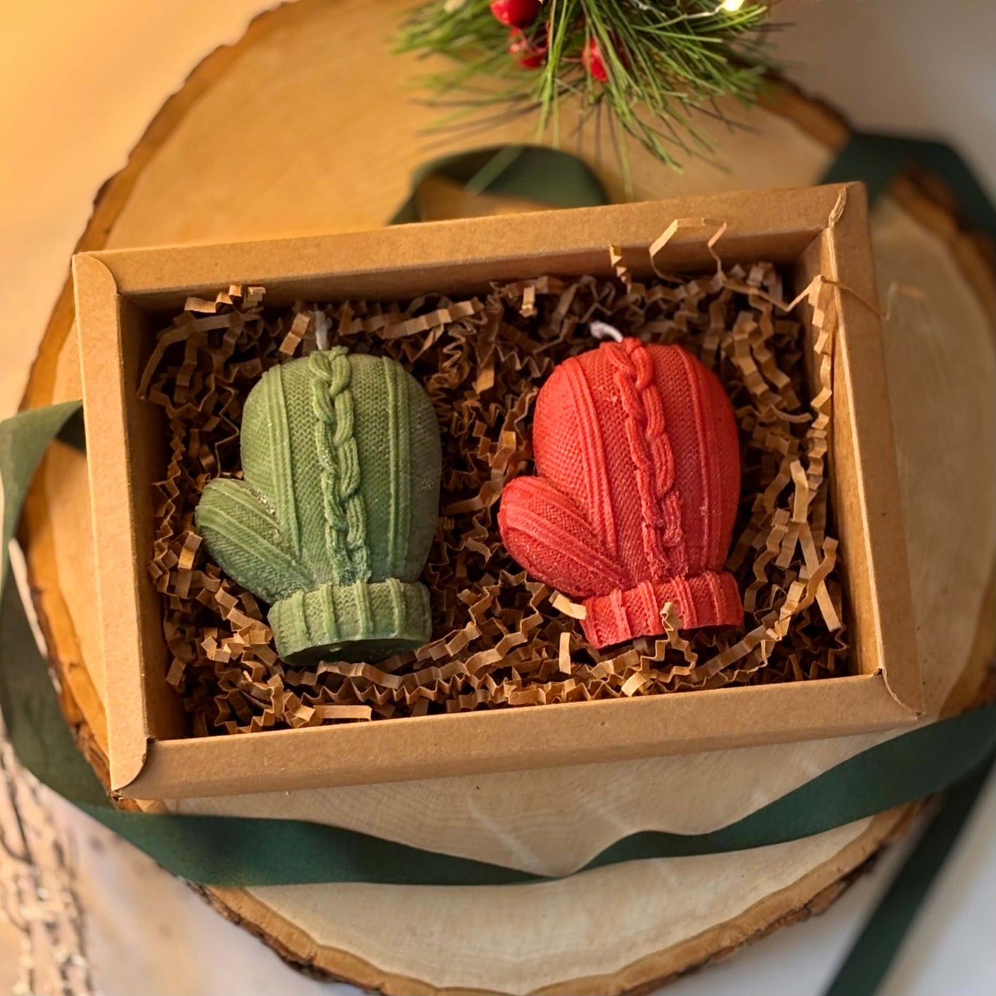 Handcrafted red and green mitten candles in kraft box for holiday gift or Thanksgiving decor