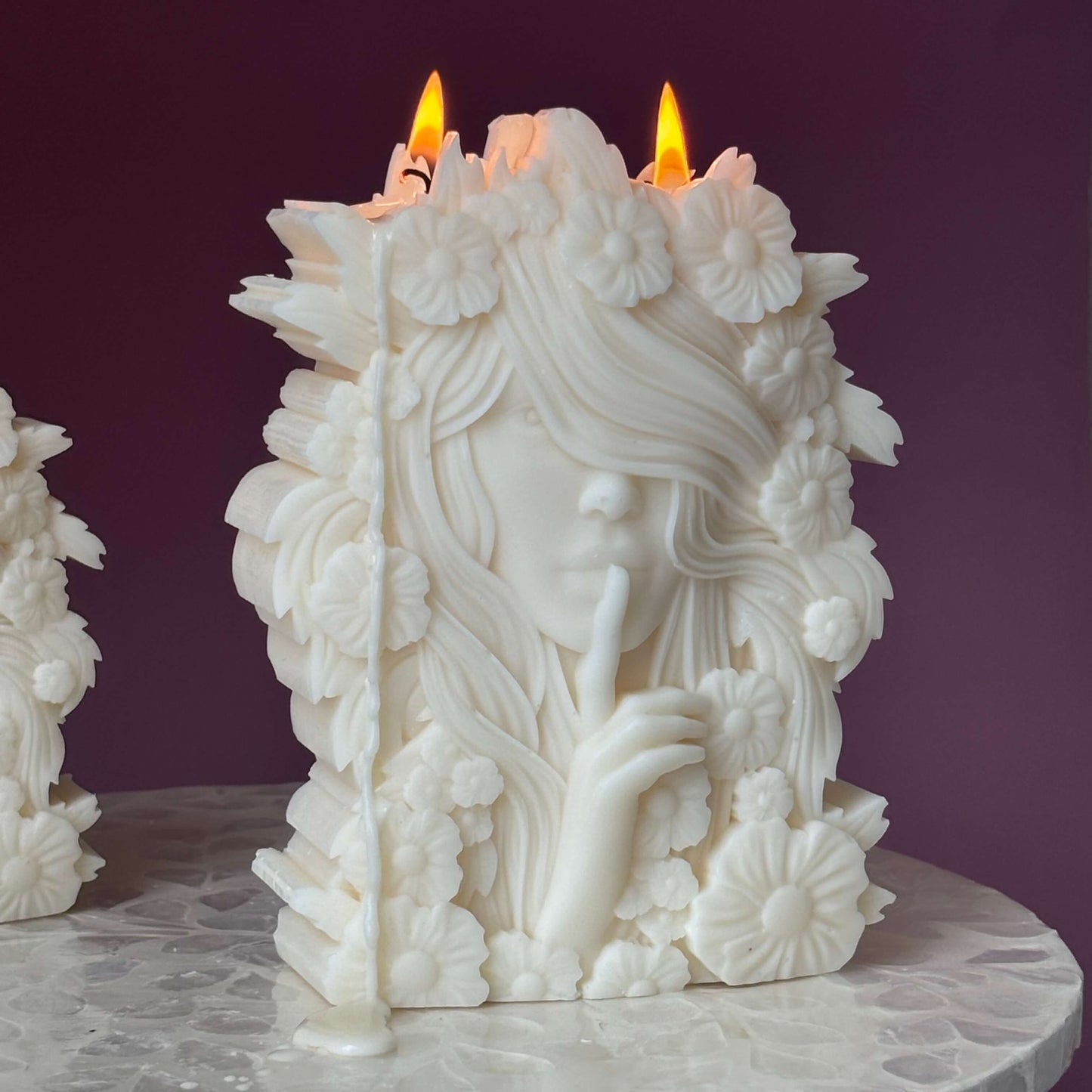 Large flower goddess candle lit with three flames – sculptural soy wax design