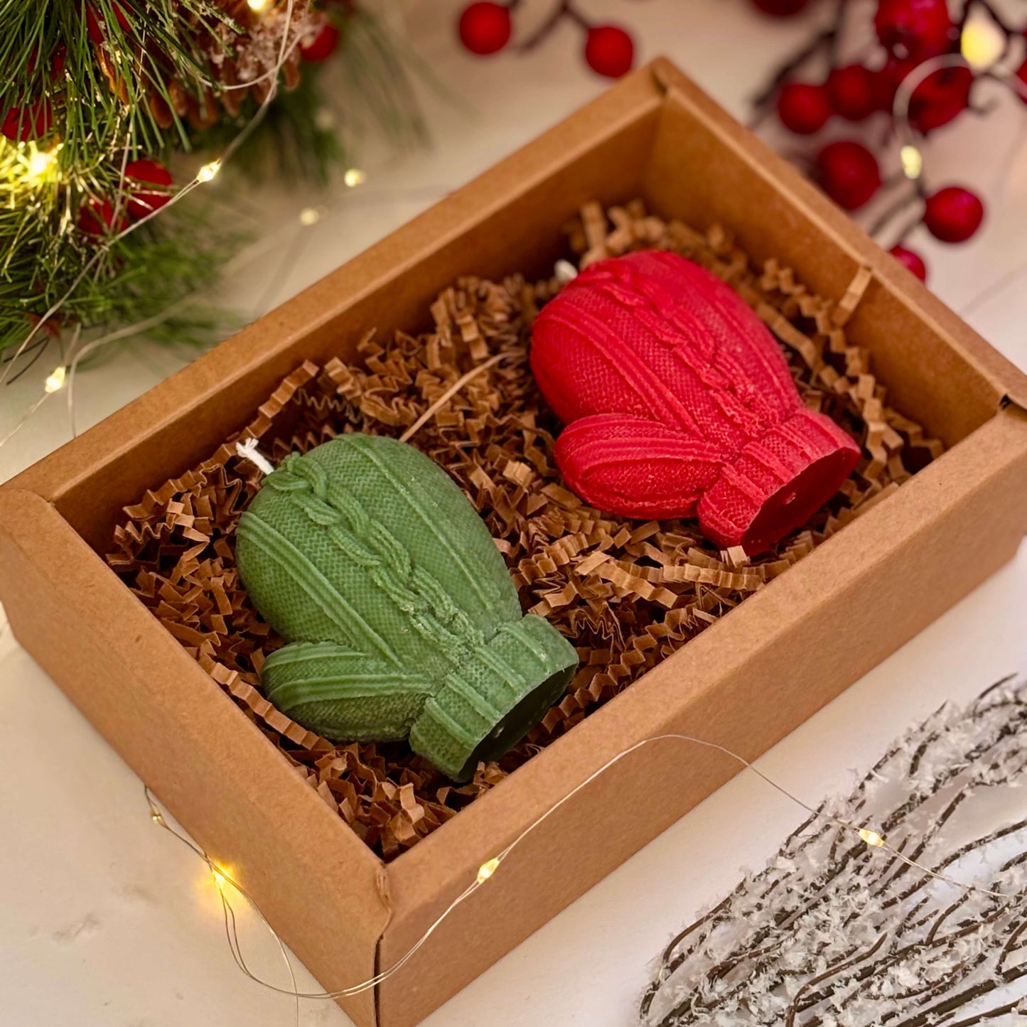 Red and green mitten candles in gift box perfect for Christmas hostess gift or New Year’s surprise