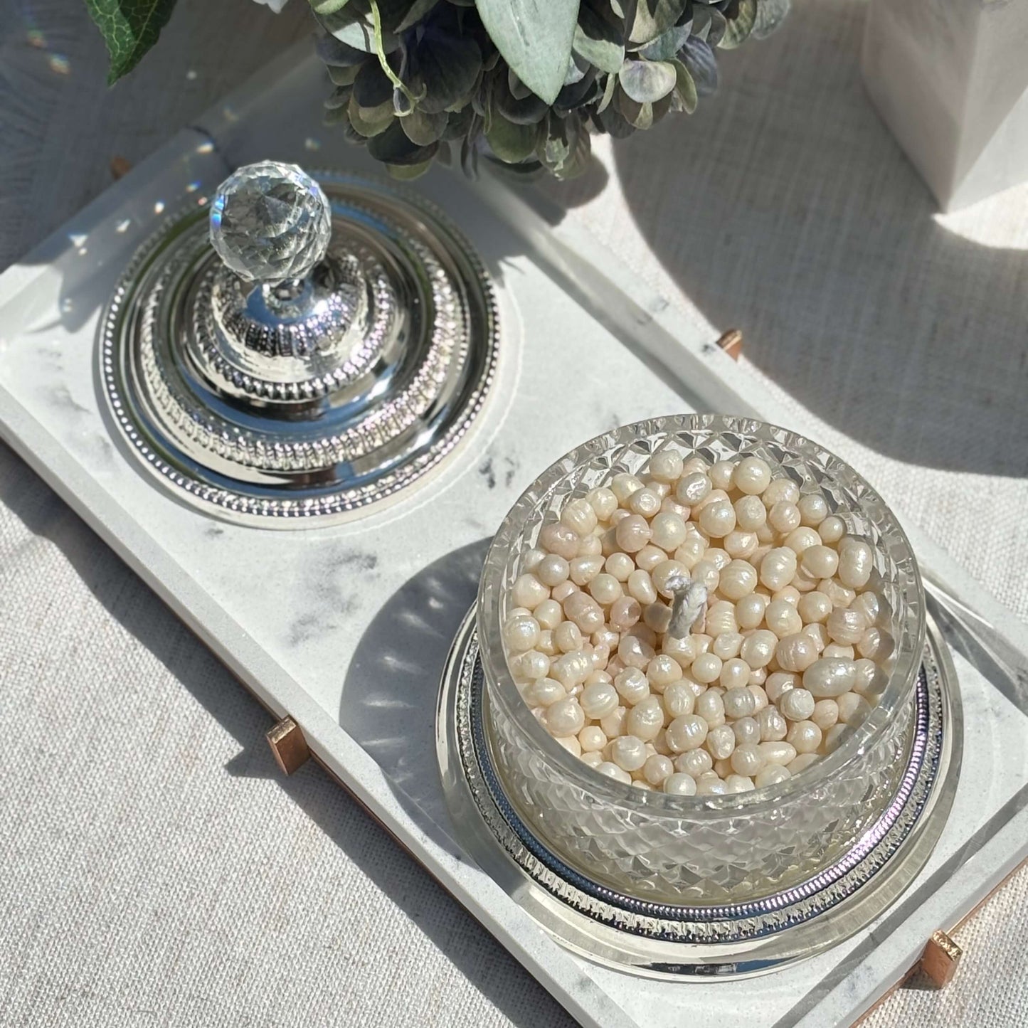Elegant pearl candle in faceted glass jar with crystal lid — perfect wedding or anniversary gift and unique home décor accent