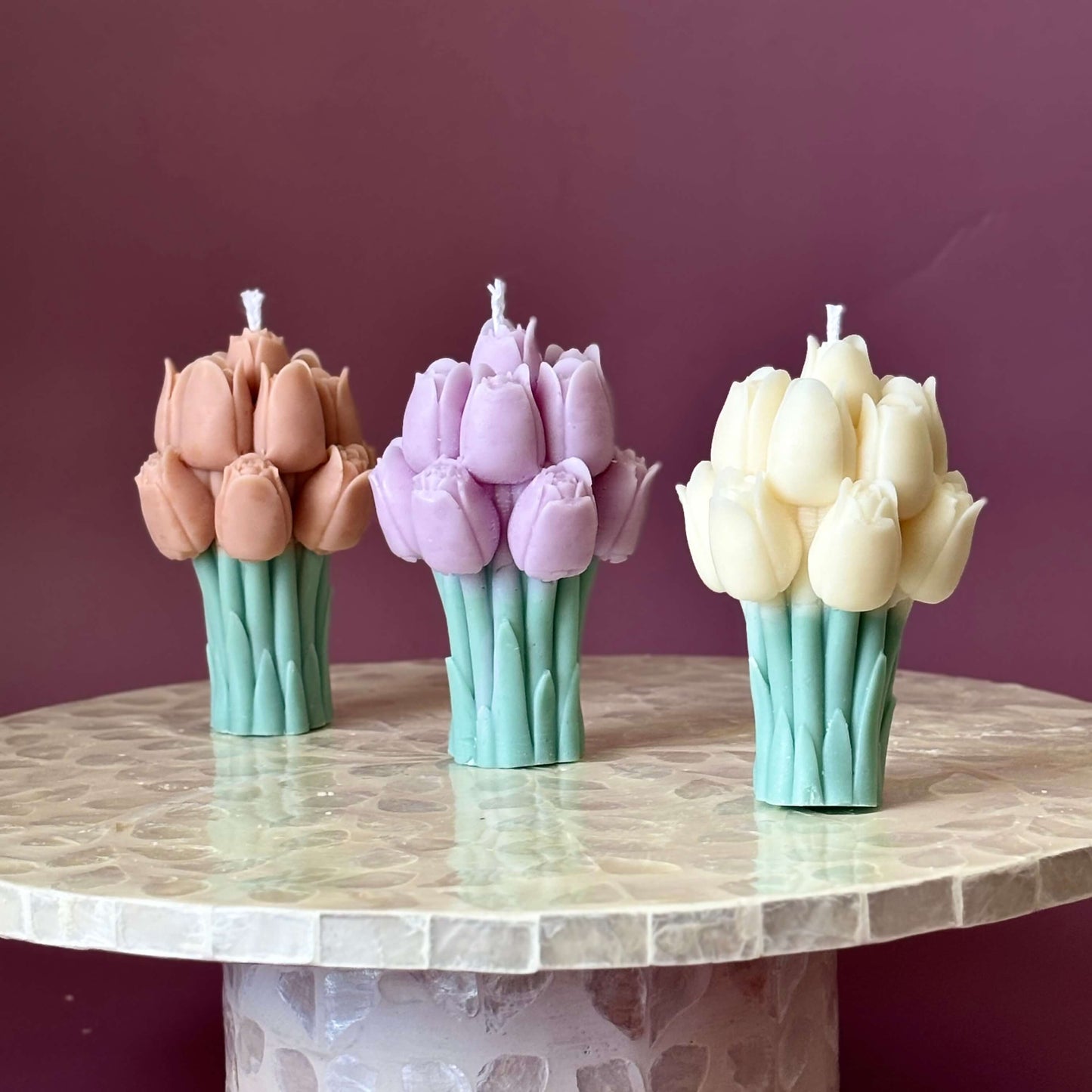 Handcrafted tulip-shaped pillar candle, decorative centerpiece for home or special gift