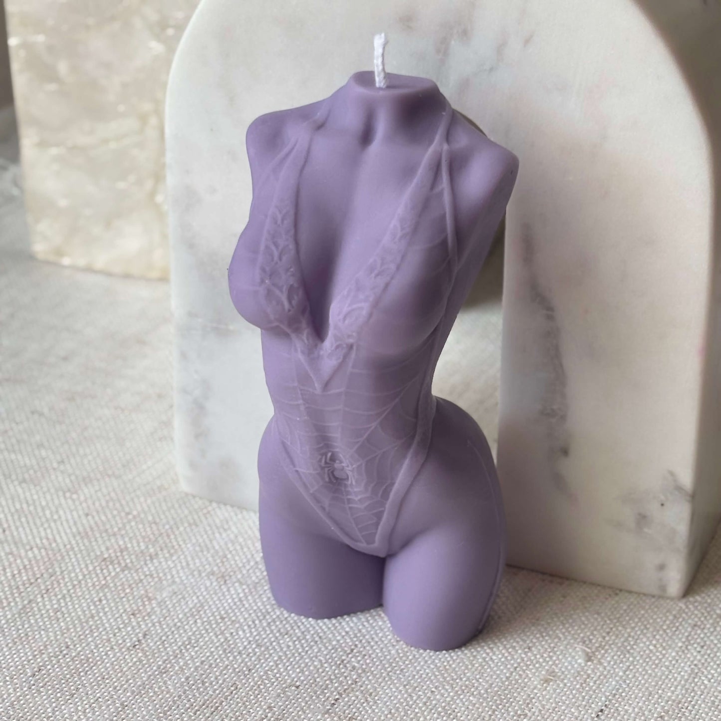 Purple female torso candle, handmade soy wax sculpture, artistic body candle for aesthetic home décor.