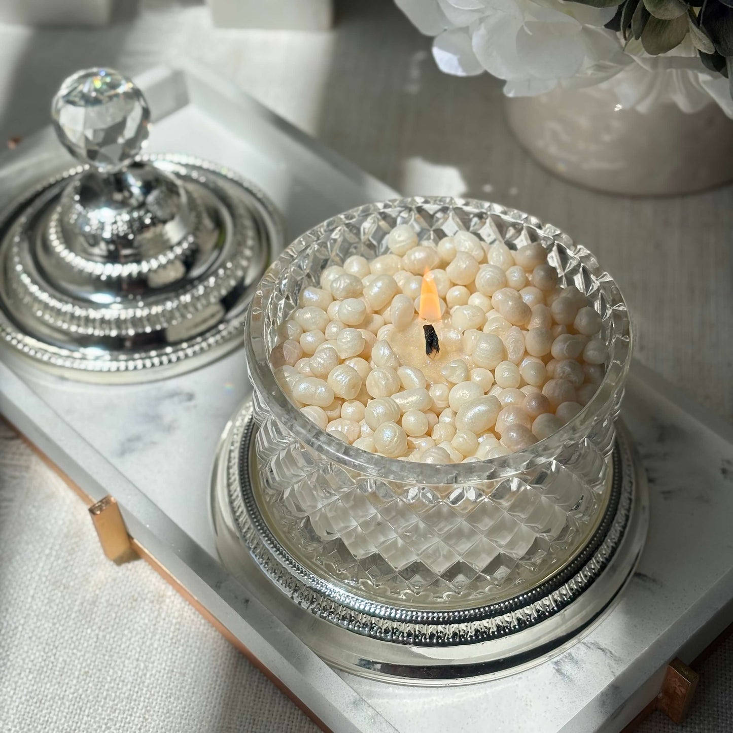 Burning Royal Pearl Candle topped with handmade pearls — sophisticated wedding gift for mom, unique decorative accent for elegant interiors