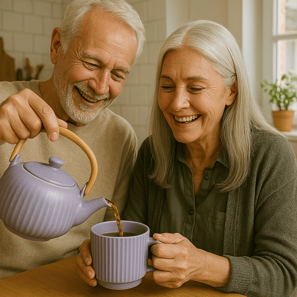 Smiling senior couple enjoying tea with lavender ceramic teapot and mug, cozy indoor moment promoting self-care and gift giving