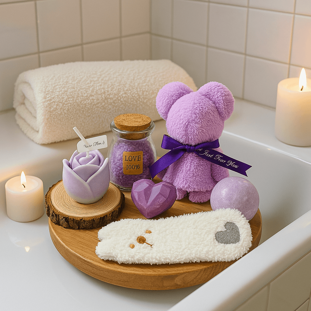 Lavender spa gift items styled on wooden tray with plush teddy, rose candle, heart soap, bath salt, fluffy socks and lit candles in a bathroom setting