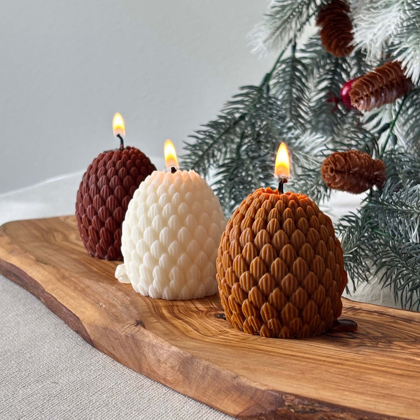 Textured handmade candle in pinecone design, premium soy wax holiday ornament gift