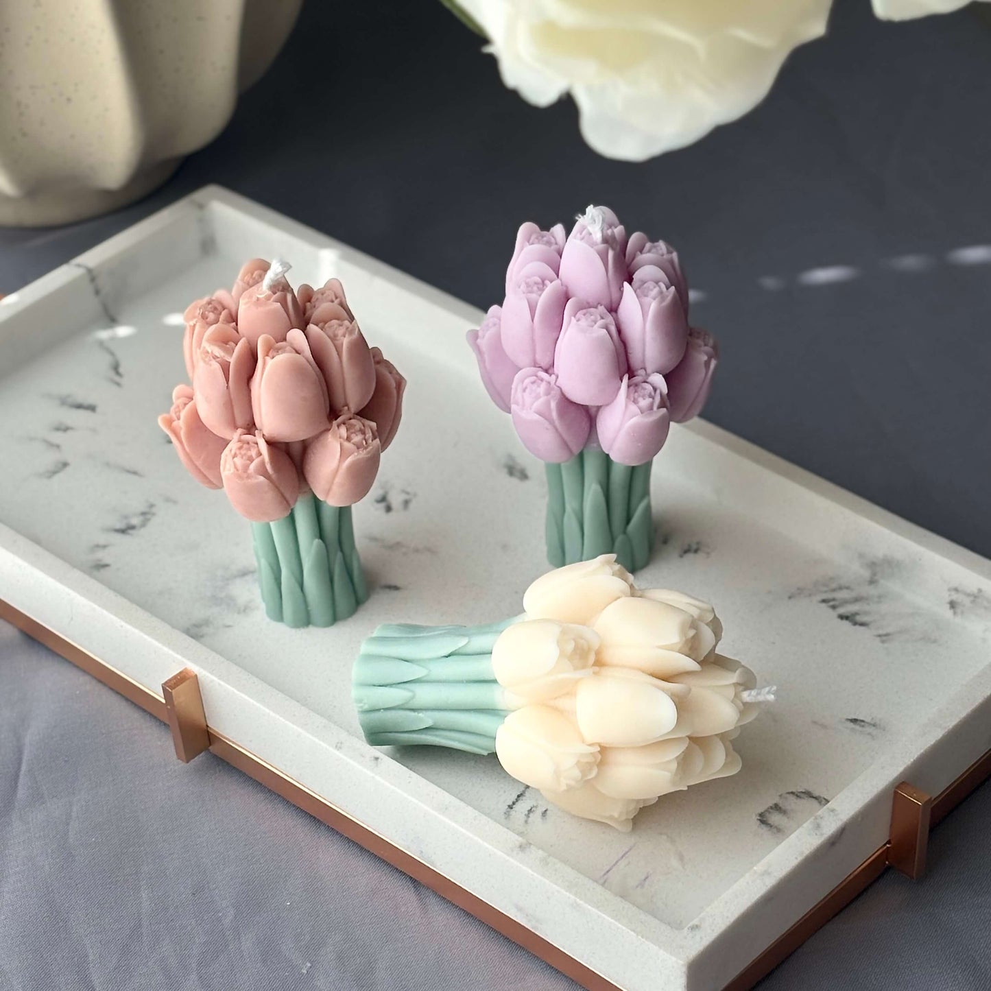 Soy wax handmade candle shaped like tulips, elegant spring home accent