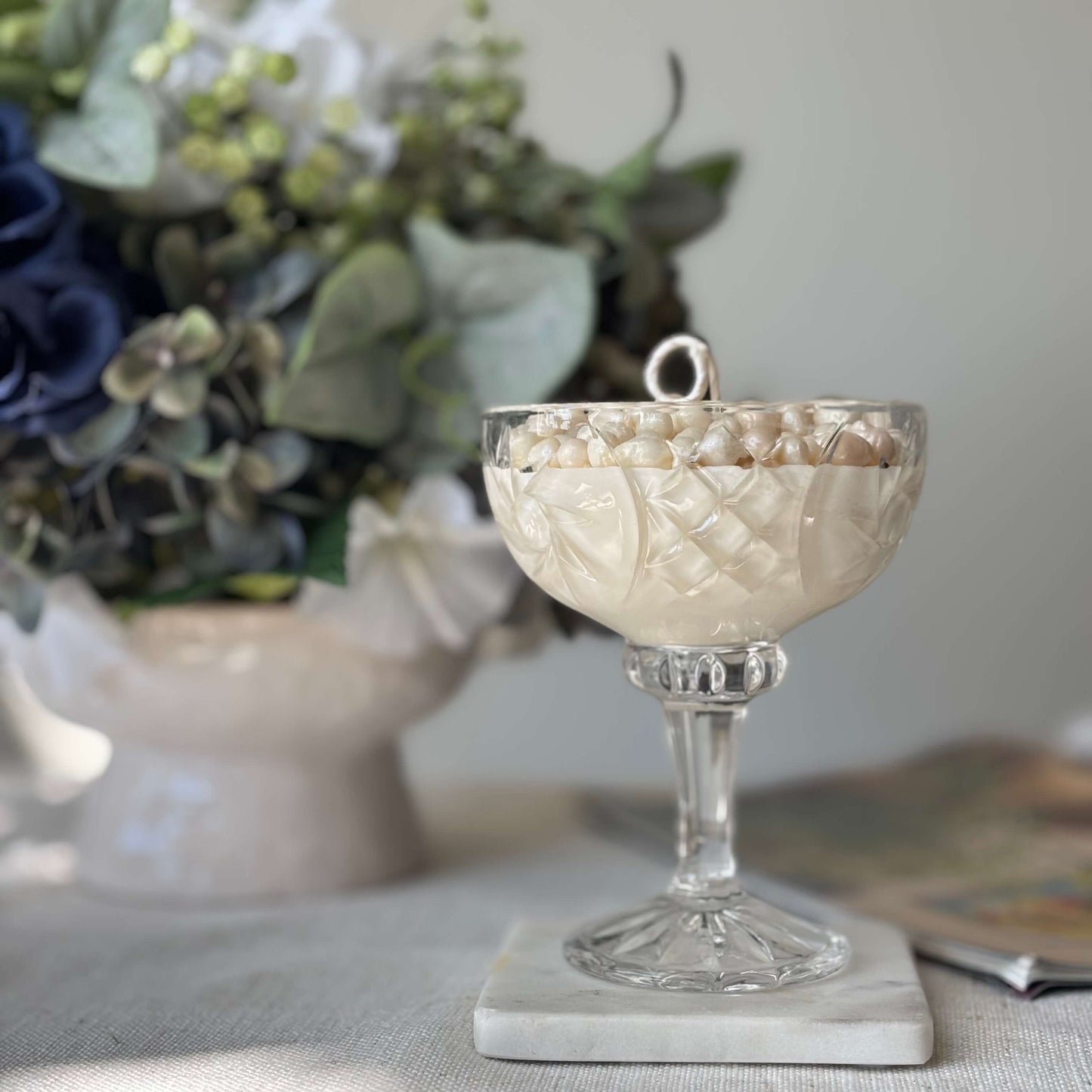 Handcrafted pearl soy wax candle in an elegant glass — stylish wedding centerpiece décor