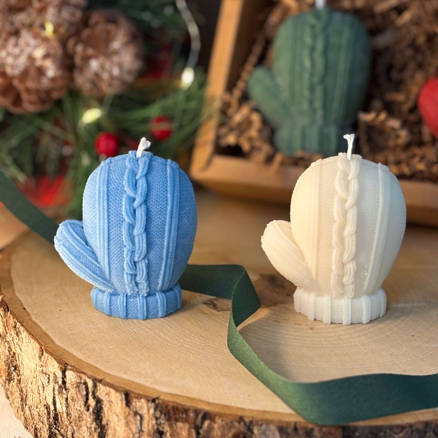 Blue and white mitten candles on wooden base for winter centerpiece or gift for mom