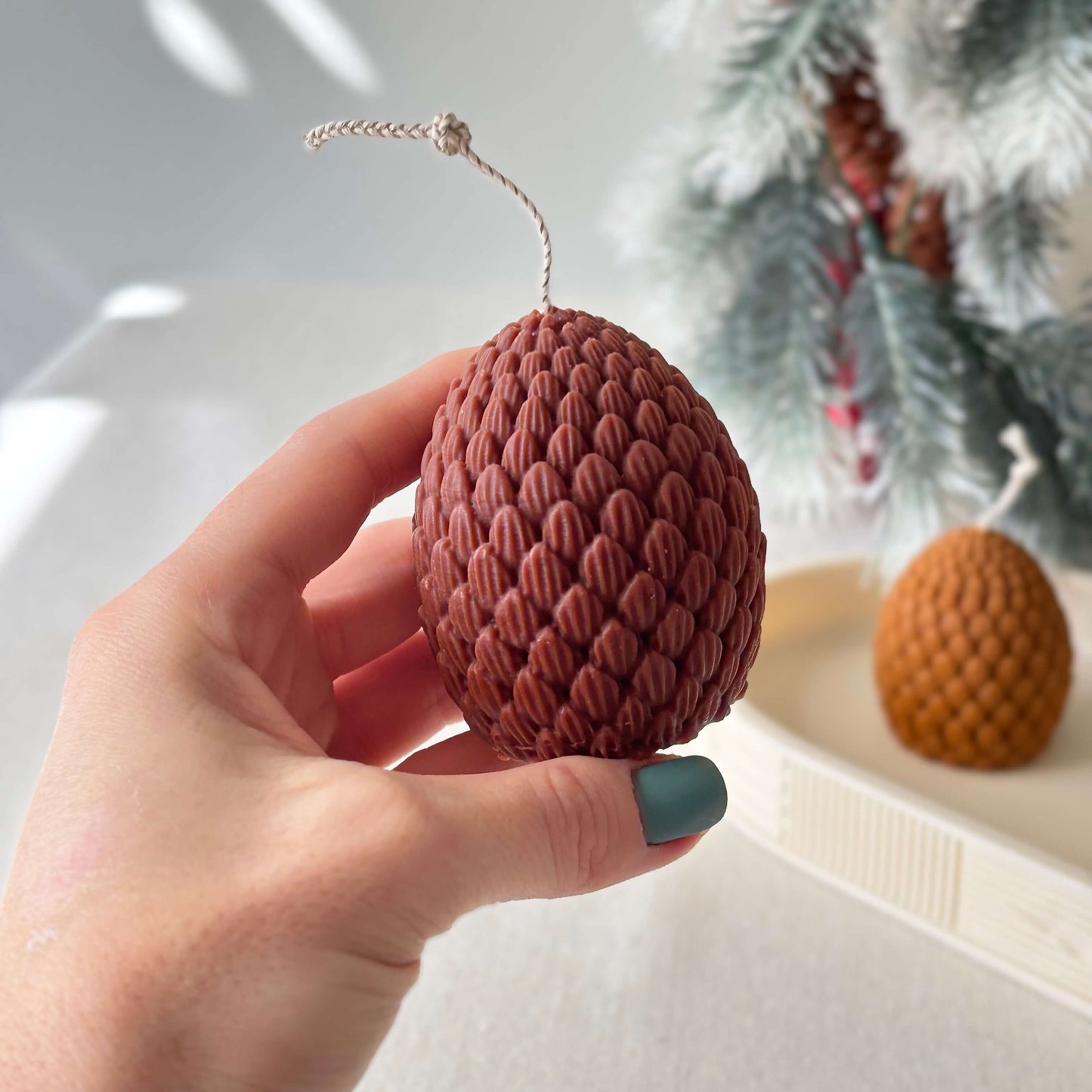 Winter pinecone candle decoration, artisanal soy wax candle for festive home and gift giving