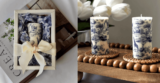 Dior-style wildlife toile pillar candles — handmade soy wax décor with elegant safari animal pattern, ideal luxury gift
