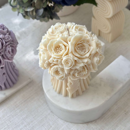 Ivory peony bouquet candle on marble base, handmade from natural soy wax, luxury floral wedding table decor, romantic sculptural candle.