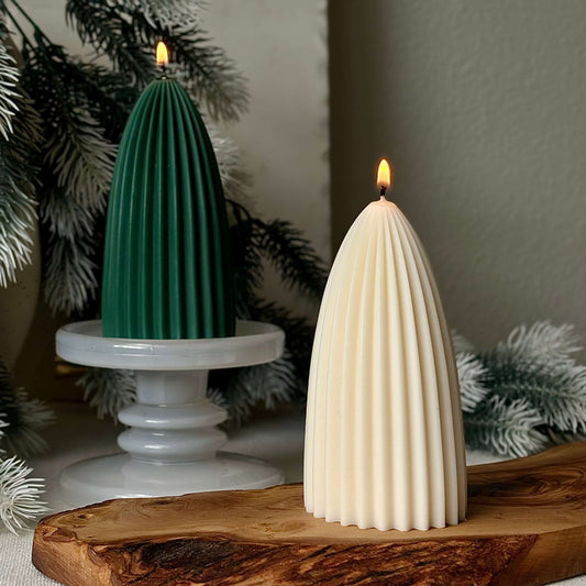 Minimalist Christmas tree candle handmade from soy wax, ribbed sculptural design for festive décor