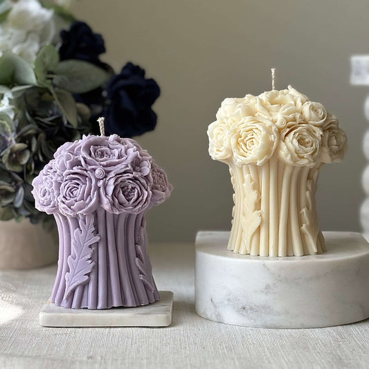 Handmade soy wax candles shaped like peony bouquets in purple and ivory colors, floral home decor, wedding centerpiece, sculptural wax art, artisanal candle gift.