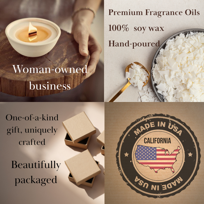 Collage of brand values: woman-owned, hand-poured soy wax, premium oils, made in USA, gift packaging	