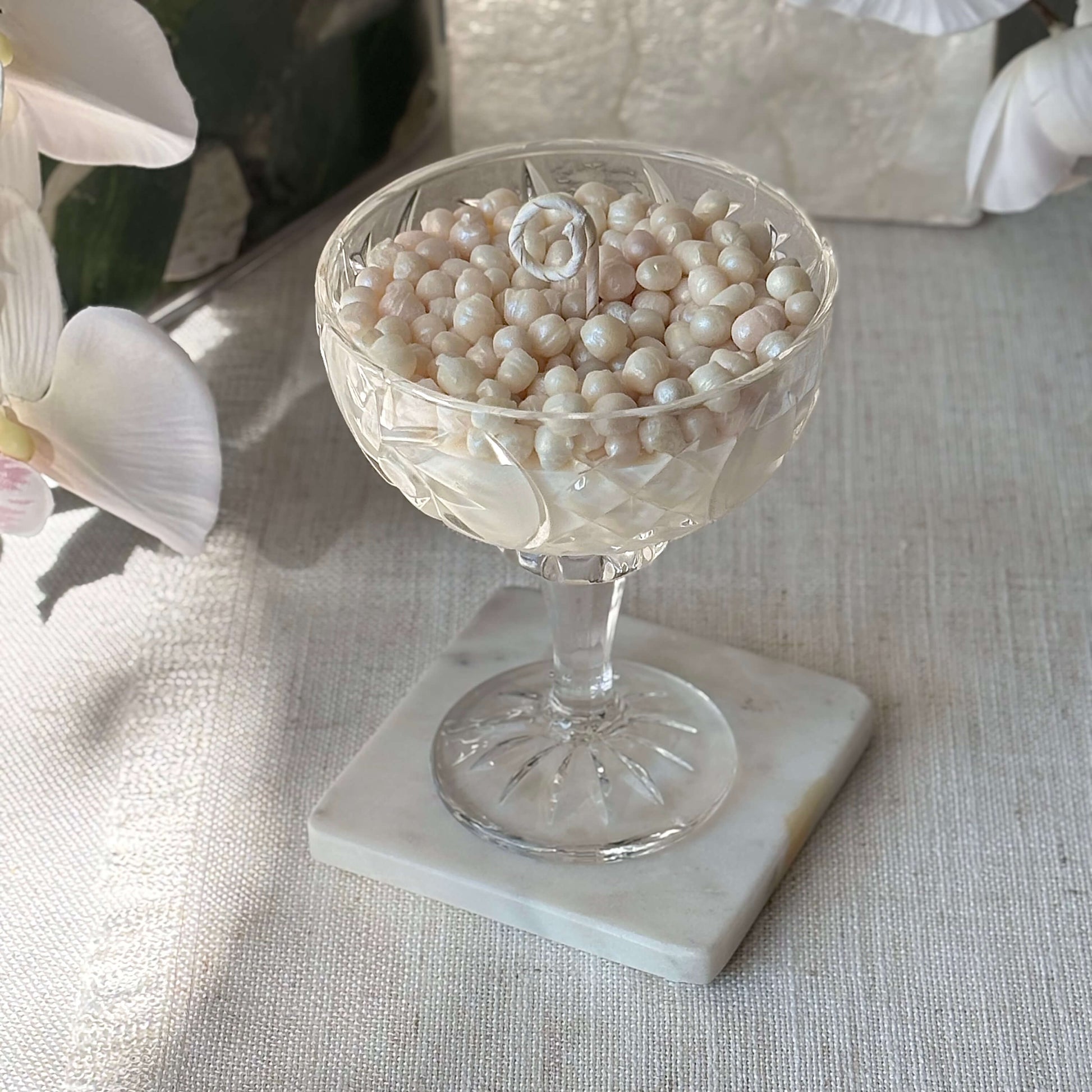 Handmade pearl soy wax candle in glass coupe — elegant bridal shower gift and wedding table accent