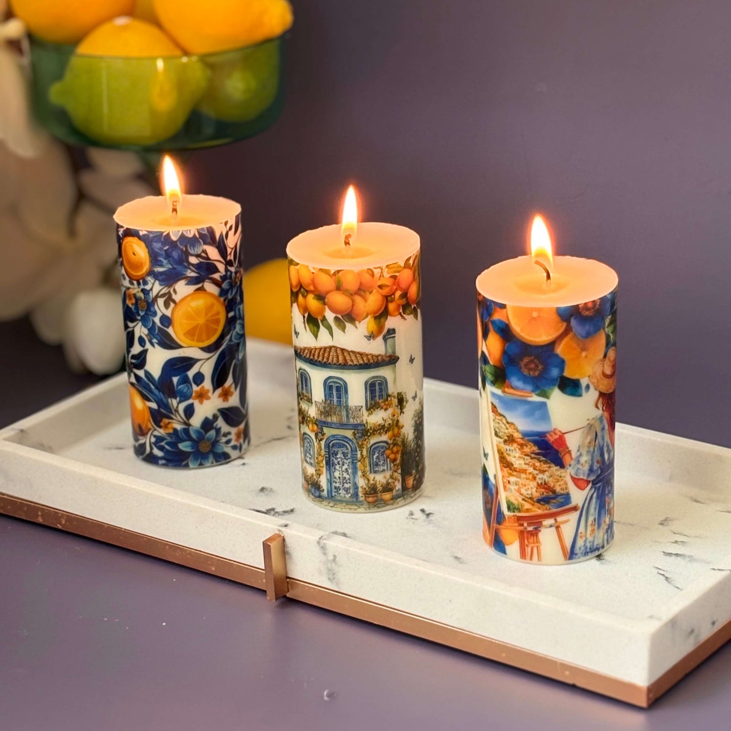 Burning soy wax candles with Mediterranean prints in D&G style, lemons and blue art

