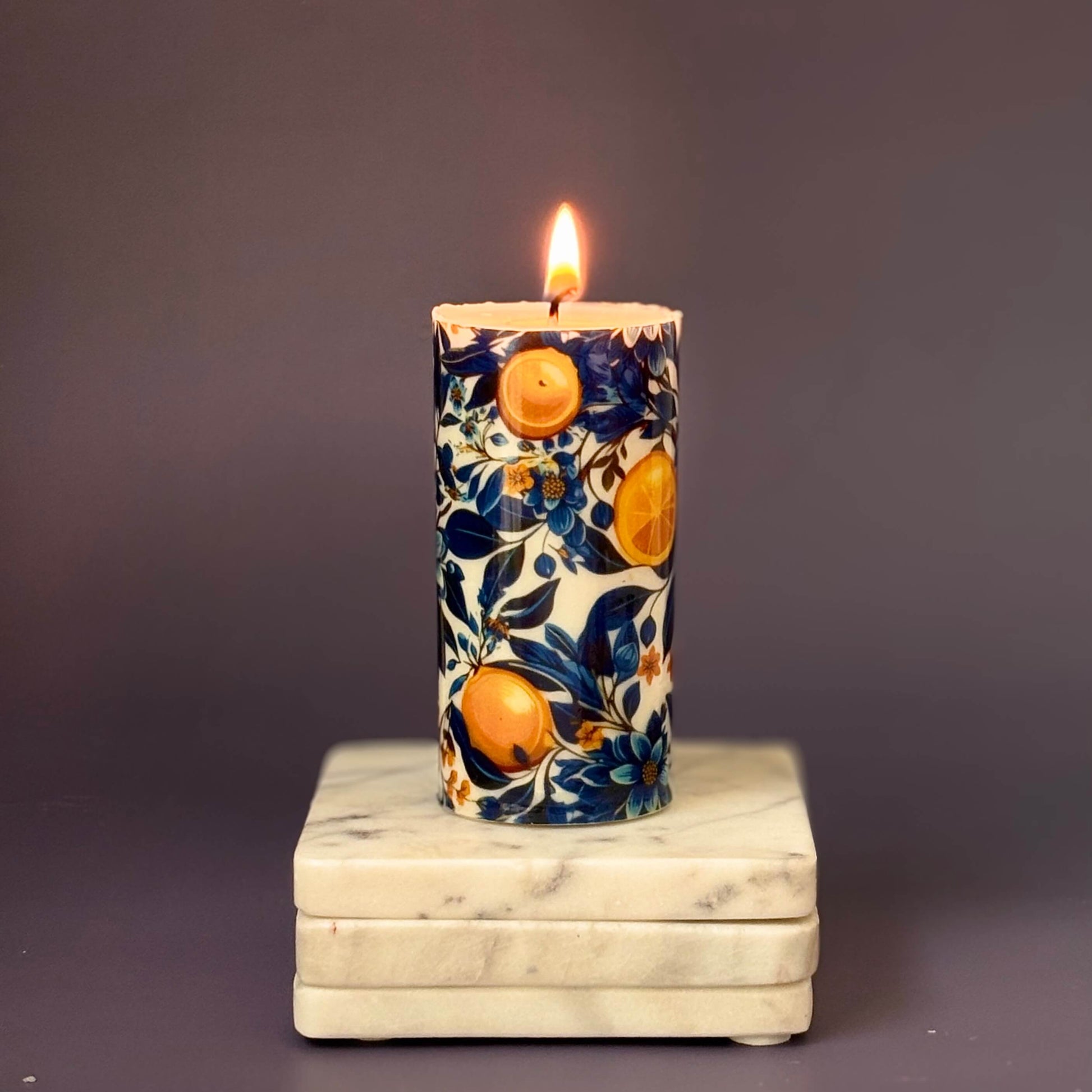 Edyinoka Candle – Blue Citrus Decorative Soy Wax Candle with Orange Lemon Pattern – Handmade Majolica Pillar Candle


