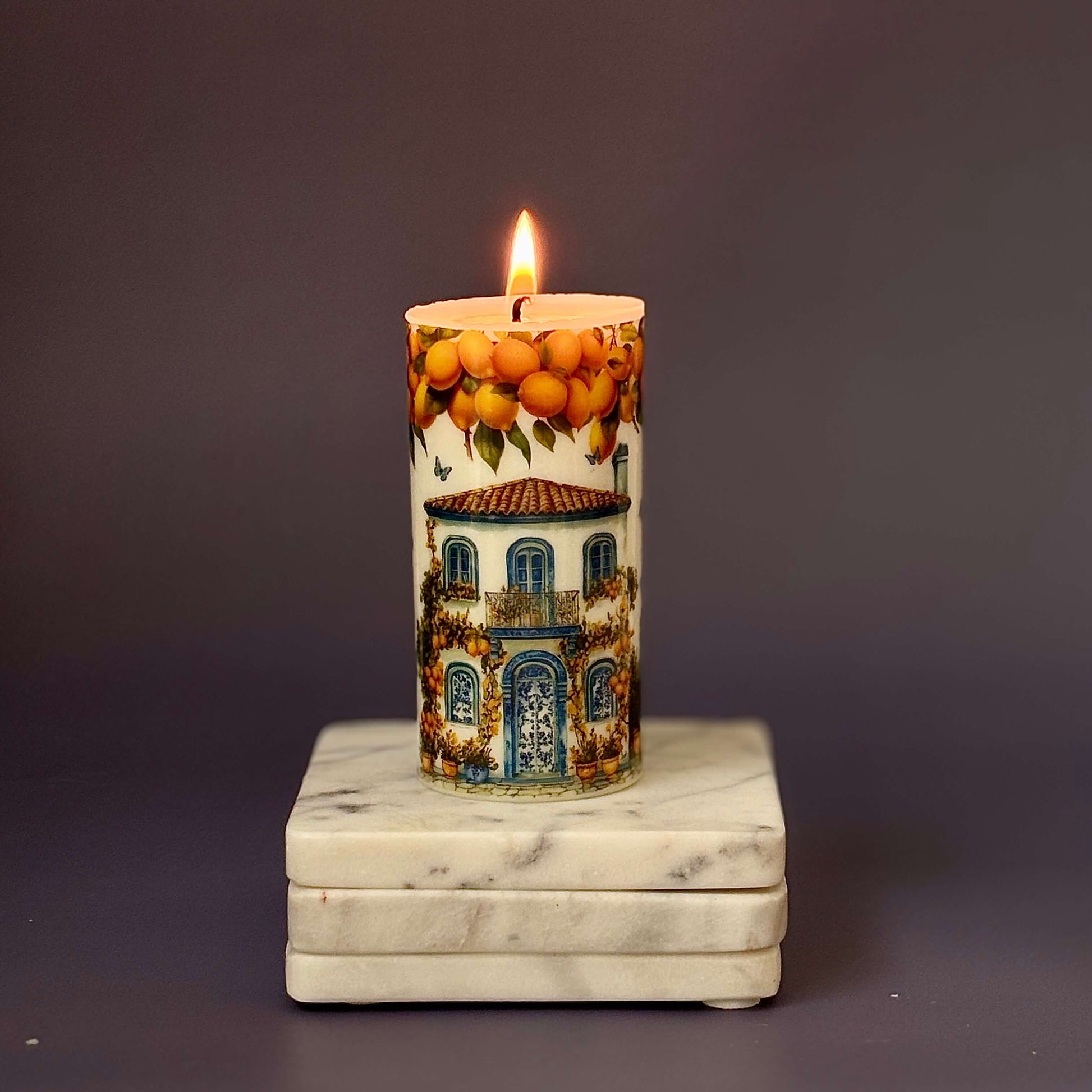 Edyinoka Candle – Italian Villa Soy Candle with Orange Tree and House Design – Mediterranean Majolica Handmade Gift