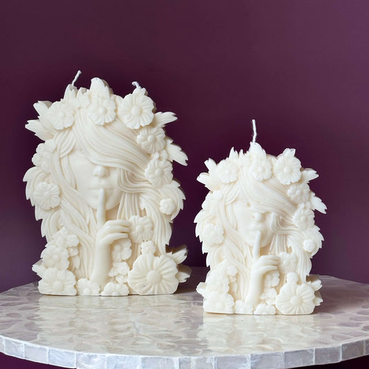 Handmade soy wax goddess candles set with floral crown – large and small size
