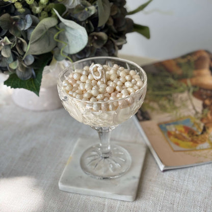 Elegant pearl soy wax candle in glass coupe — thoughtful birthday or Mother’s Day gift