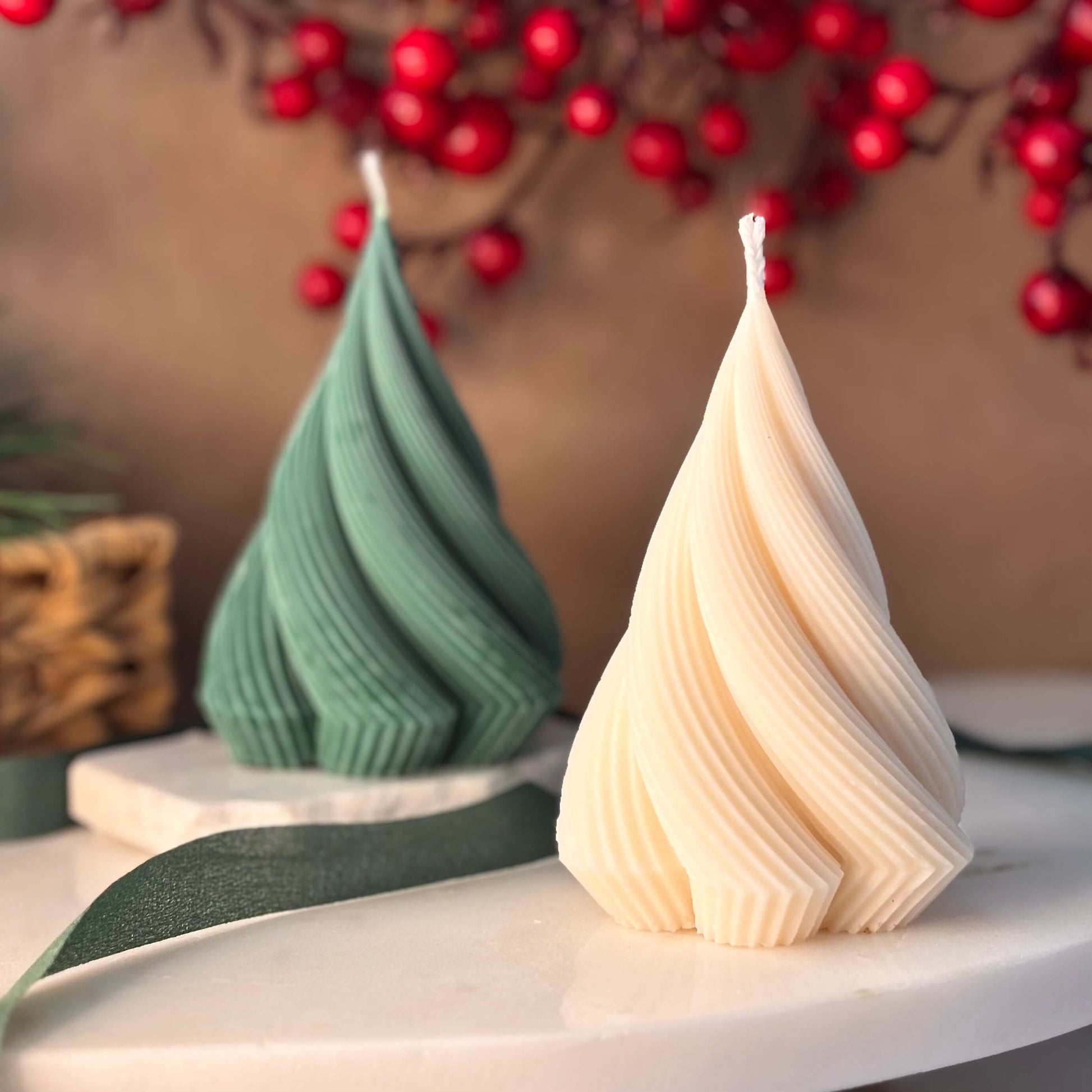 Green and beige spiral tree candles for holiday table decor, perfect duo for Thanksgiving dinner or Secret Santa gift for women

