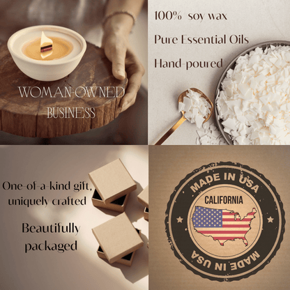 Infographic highlighting key features of our candles: 100 % soy wax, pure oils, hand-poured, woman-owned, made in USA.