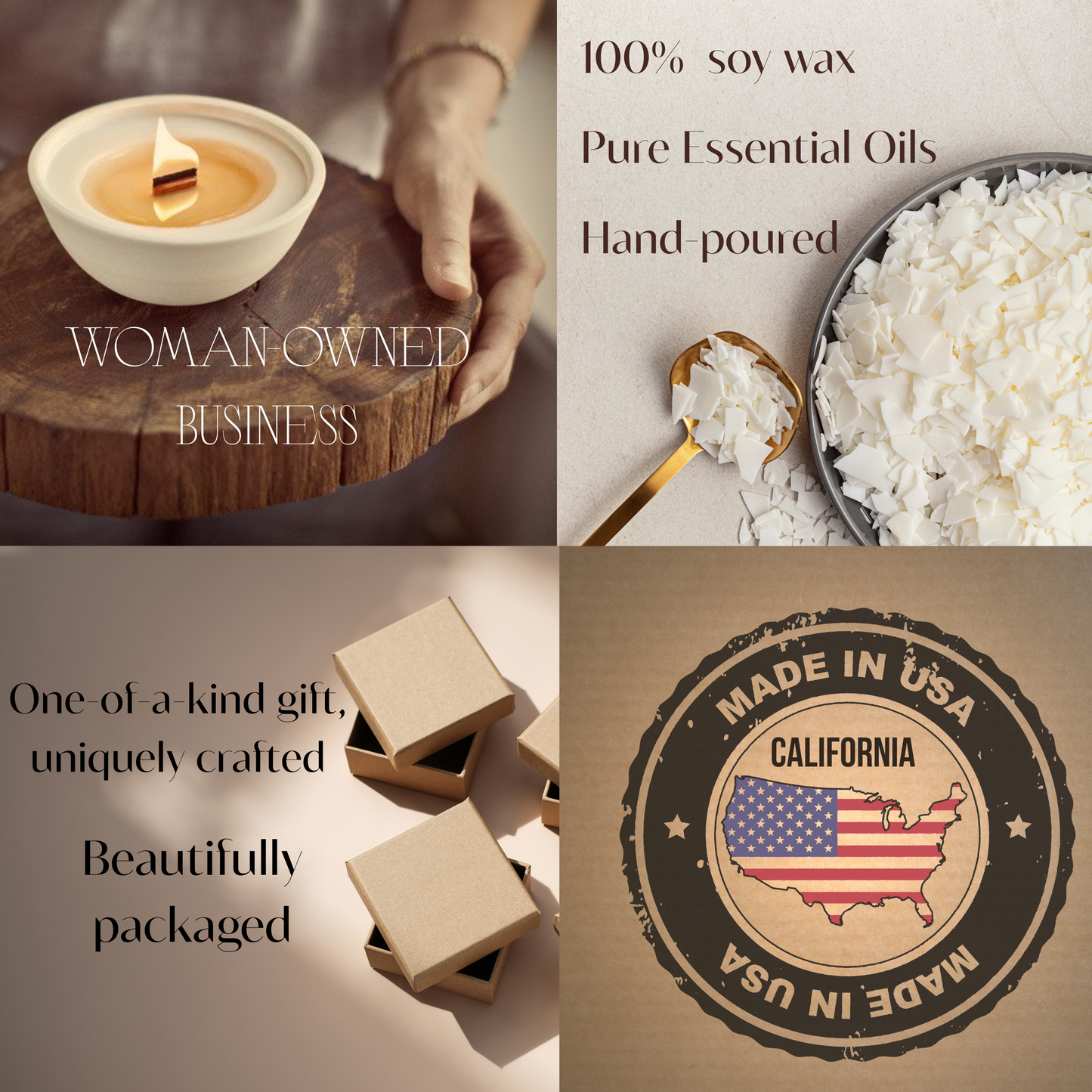 Infographic highlighting key features of our candles: 100 % soy wax, pure oils, hand-poured, woman-owned, made in USA.