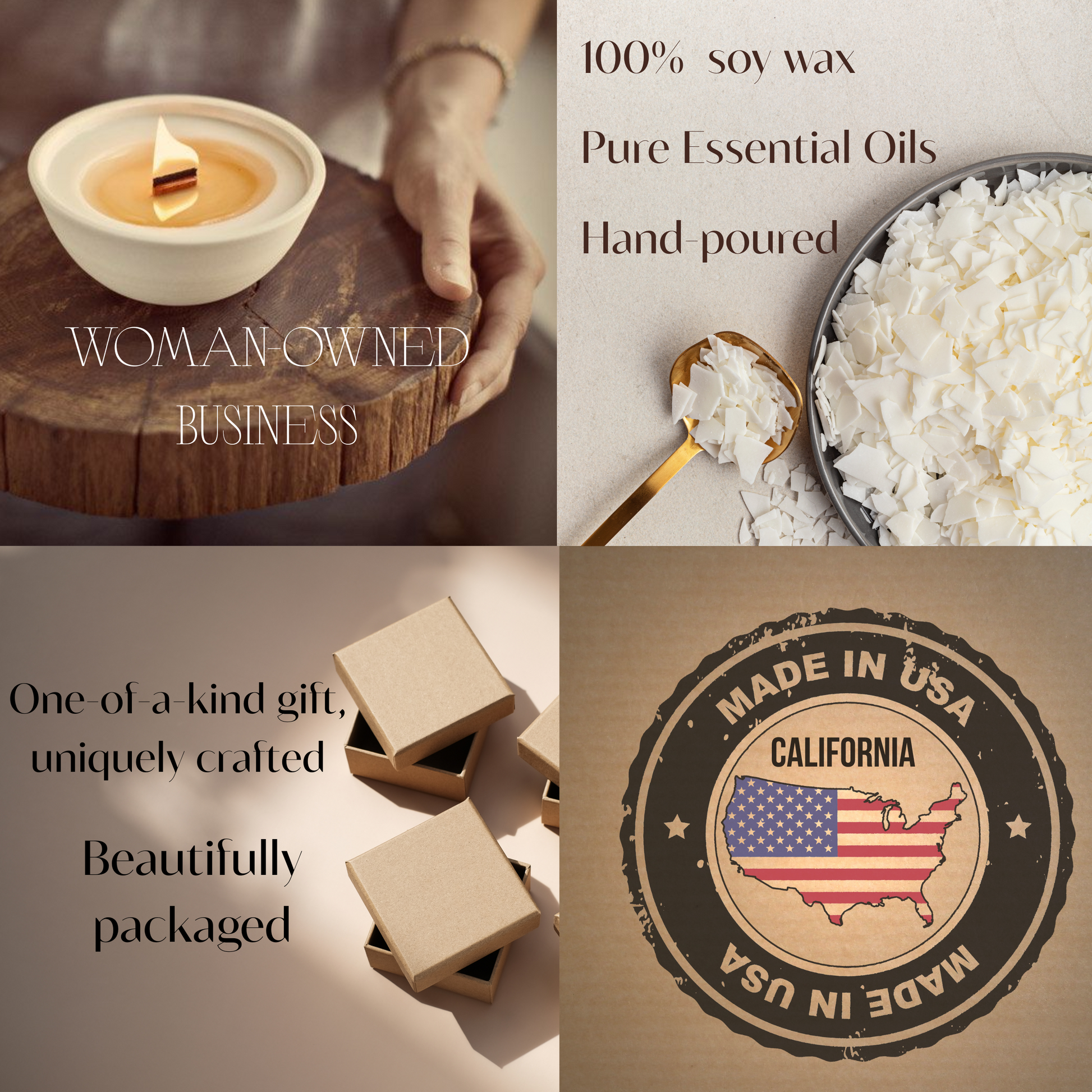 Infographic highlighting key features of our candles: 100 % soy wax, pure oils, hand-poured, woman-owned, made in USA.