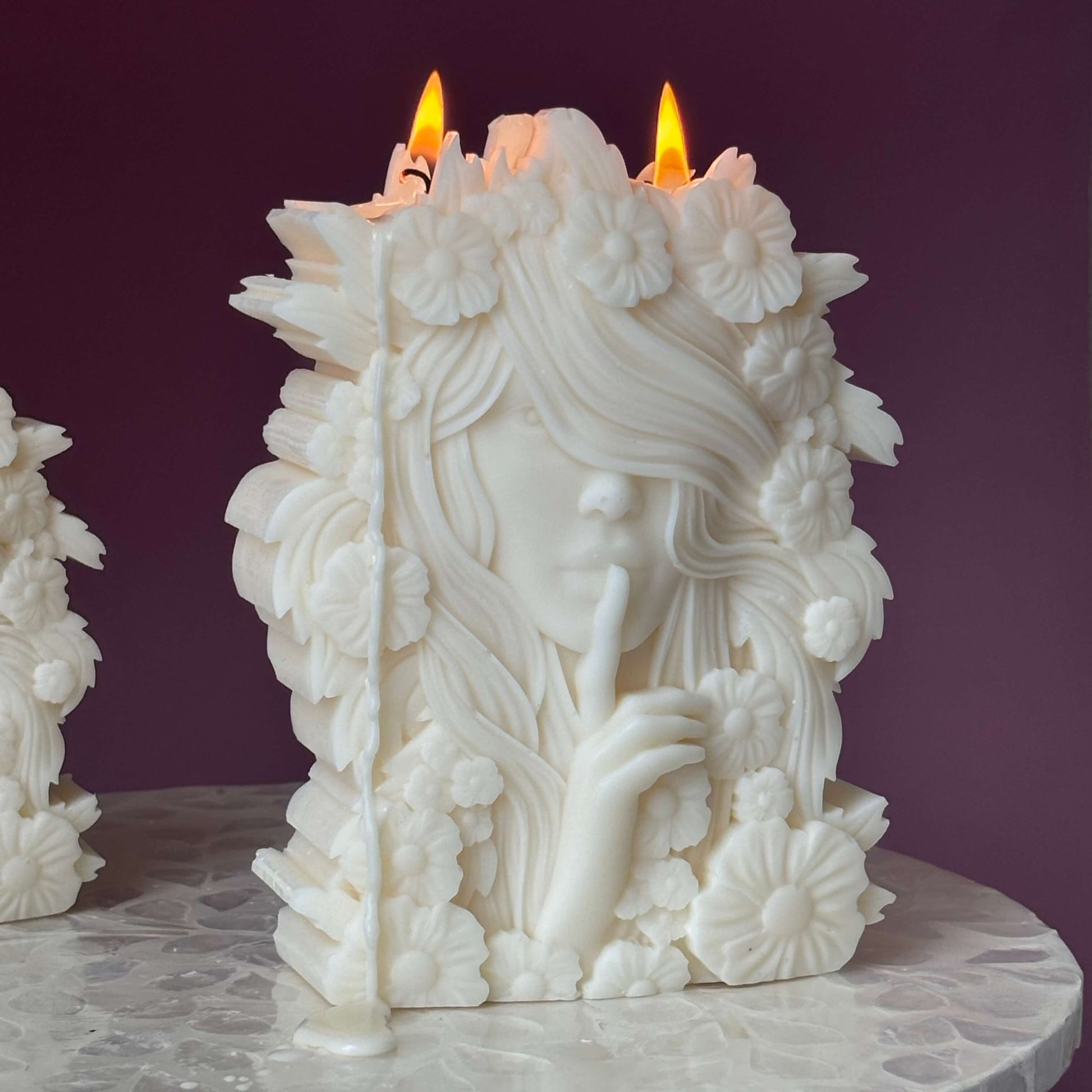 Large flower goddess candle lit with three flames – sculptural soy wax design


