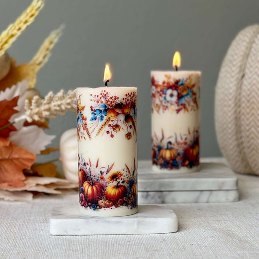 Pumpkin holiday candle with floral and autumn harvest design, fall decor centerpiece, Thanksgiving table accent, handmade holiday candle.