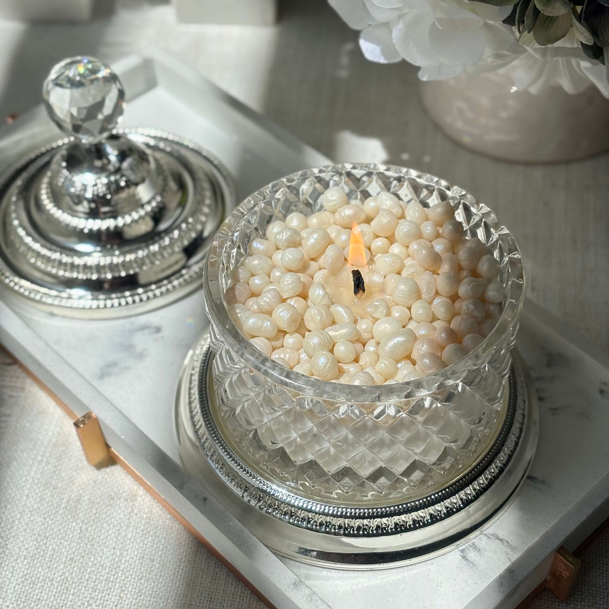 Burning Royal Pearl Candle topped with handmade pearls — sophisticated wedding gift for mom, unique decorative accent for elegant interiors
