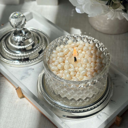 Burning Royal Pearl Candle topped with handmade pearls — sophisticated wedding gift for mom, unique decorative accent for elegant interiors
