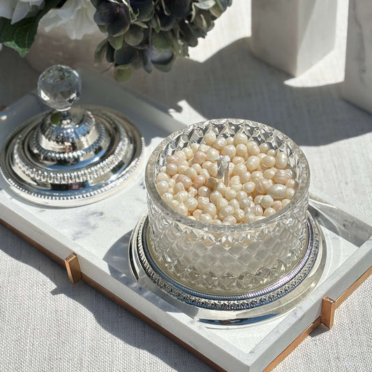 Royal Pearl Candle in crystal jar with handmade pearls — perfect wedding gift for mom or sister, unique luxury home décor accent