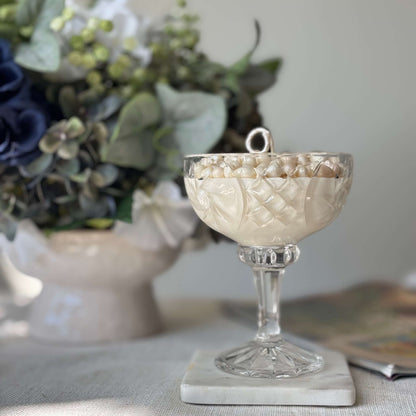 Handcrafted pearl soy wax candle in an elegant glass — stylish wedding centerpiece décor