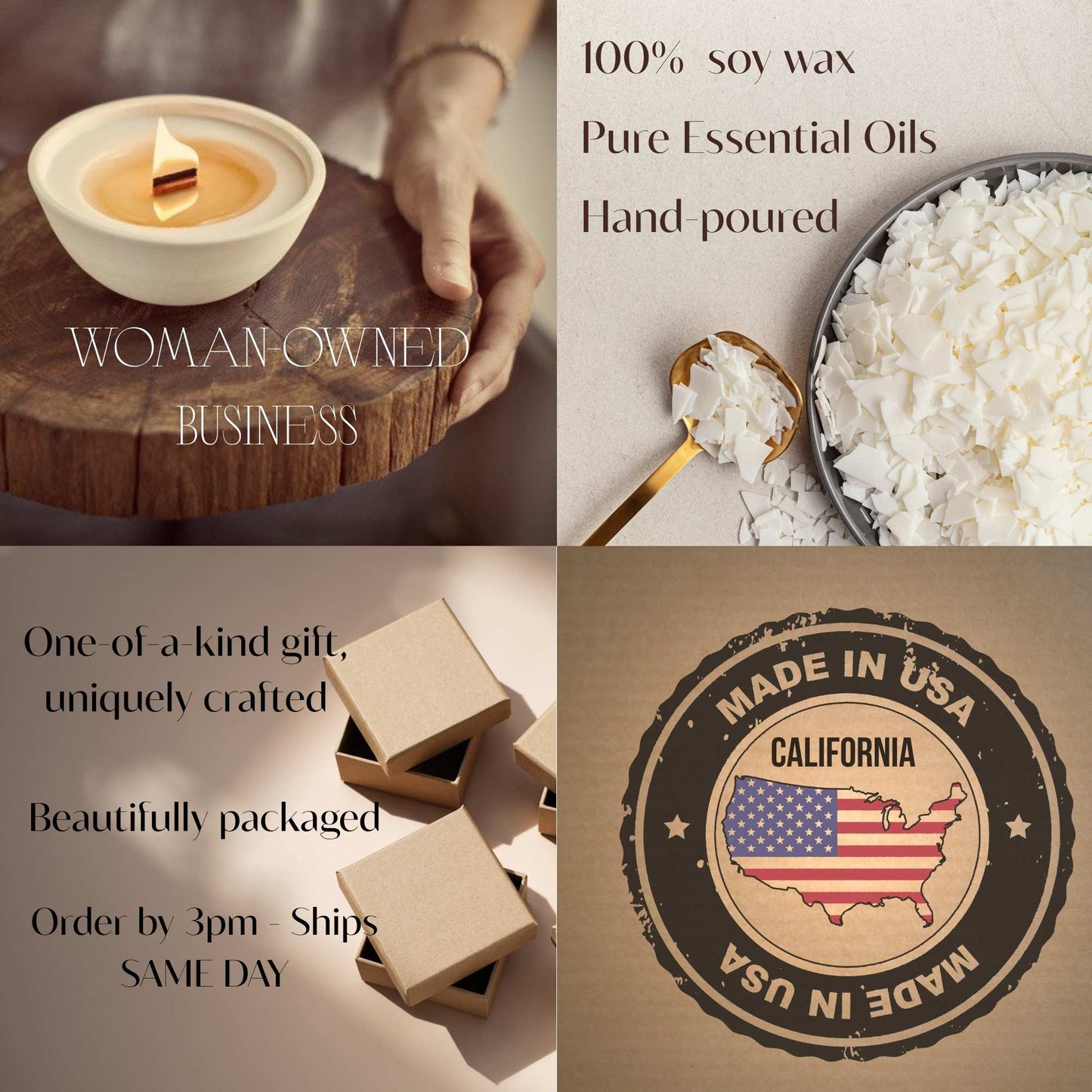 woman owned business, small business USA, handmade with love, soy wax, pure essential oils, fast shipping gift, made in California, sustainable gift, eco conscious gift